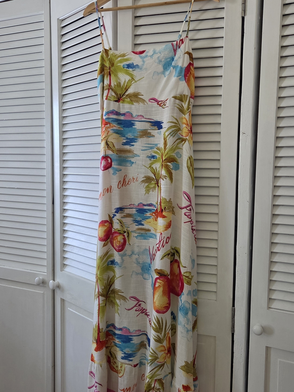 White Tropical-Print Spaghetti-Strap Maxi Dress